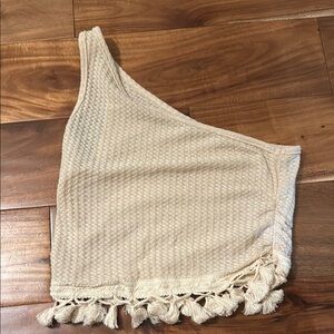 Beige One-Shoulder Crop Top with Tassels